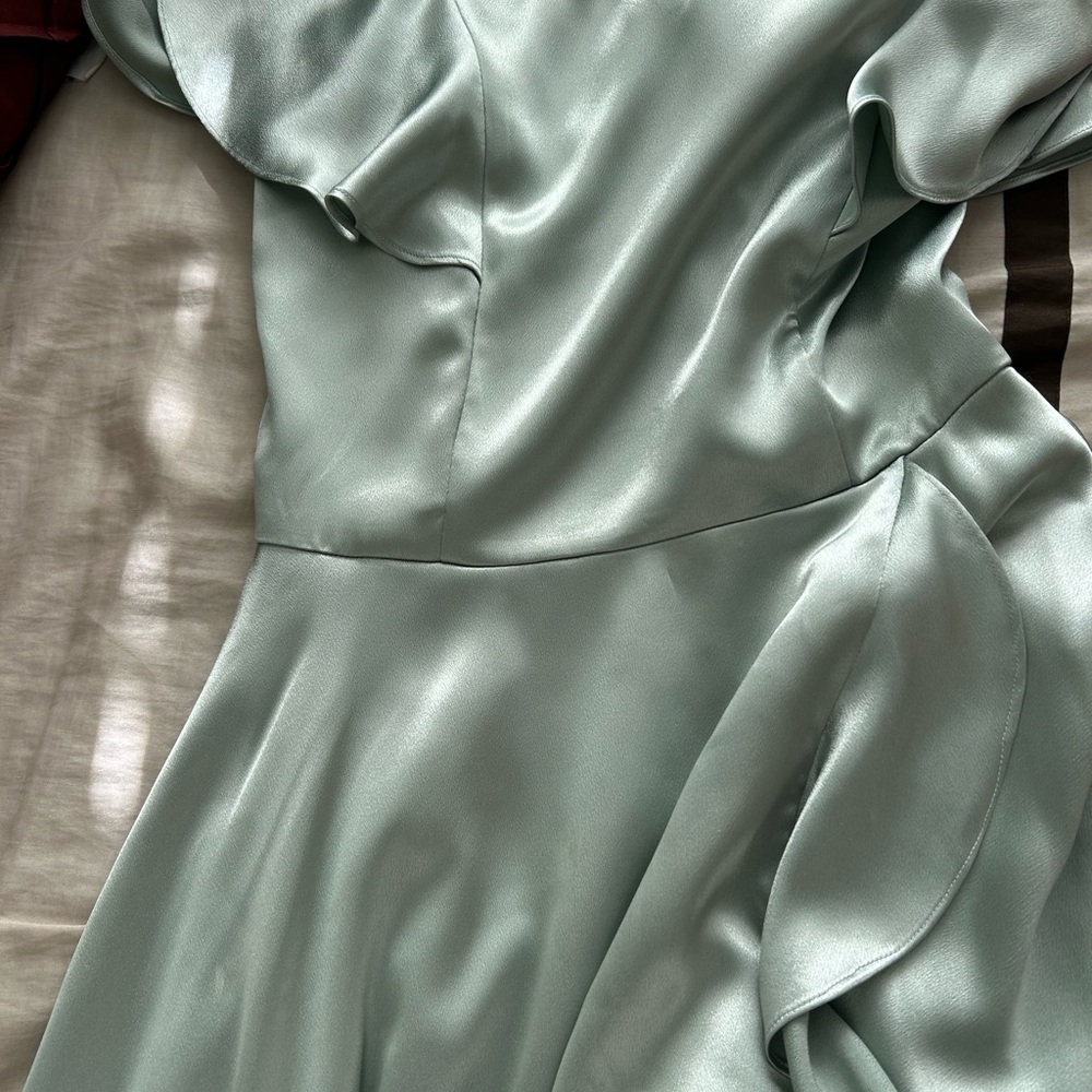 Ivy City Co Callie Asymmetrical Dress in Sage Satin